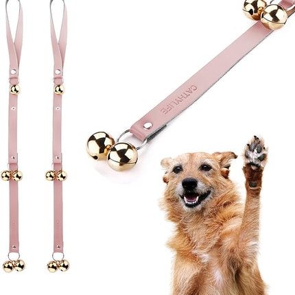 Leather Dog Doorbells for Door Knob/Potty Training/Go Outside, Length Adjustment Copper Dog Bell, Housetraining Hanging Bell, Pink Leather Golden Bells - 2 Pack.