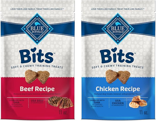 Blue Buffalo Bits Soft Dog Treats for Training, Made With Natural Ingredients & Enhanced with DHA, Chicken & Beef 19-oz Variety Pack, 2 ct