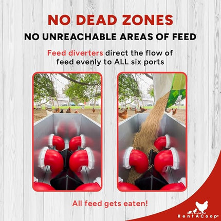 RentACoop Flock Feeder 65 lb - Large Capacity, Weatherproof Metal 6-Port Feeder for Adult Chickens, Turkeys, Ducks, and More