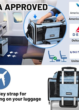 Cat Carrier Top-Expandable 18x11x11, United Delta American Airline Approved Dog Carrier, Soft Pet Carry-On Bag Underseat in Cabin, Puppy Air Travel Crate Kitten TSA Plane Carrying Case Blue