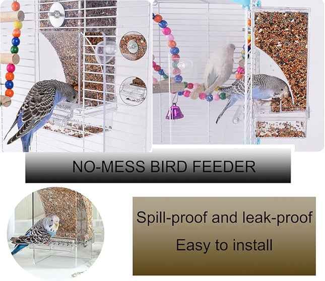 No Mess Bird Feeder,Bird Feeder for Cage,Automatic Acrylic Parakeet Feeder Cage Accessories for Small Birds Parrot Parakeets Canary Cockatiel Finch(Transparent)