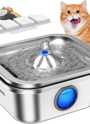 Cat Water Fountain Stainless Steel, 4L/135oz Pet Fountain, Automatic Dog Drinking Dispenser with Water Level Window, Filter, Quiet Pump, Silver