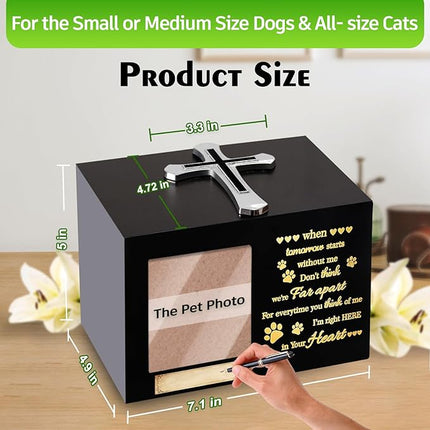 Handmade Pet Urns for Dog or Cat,Wooden Waterproof Memorial Pet Keepsakes Urns,Pet Ashes Box with Photo Frame,Decorative Cross, Honoring Your Beloved Pets,Pet Sympathy Remembrance Gift