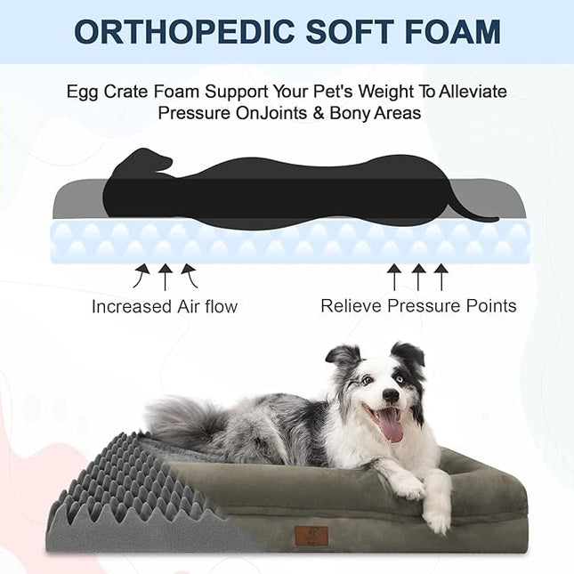 Large Orthopedic Dog Bed, Waterproof Dog Bed with Removable Cover, Washable Pet Beds for Large Dogs, 4-Sides Removable Bolster Egg Crate Foam Soft Couch with Nonskid Bottom, Olive Green