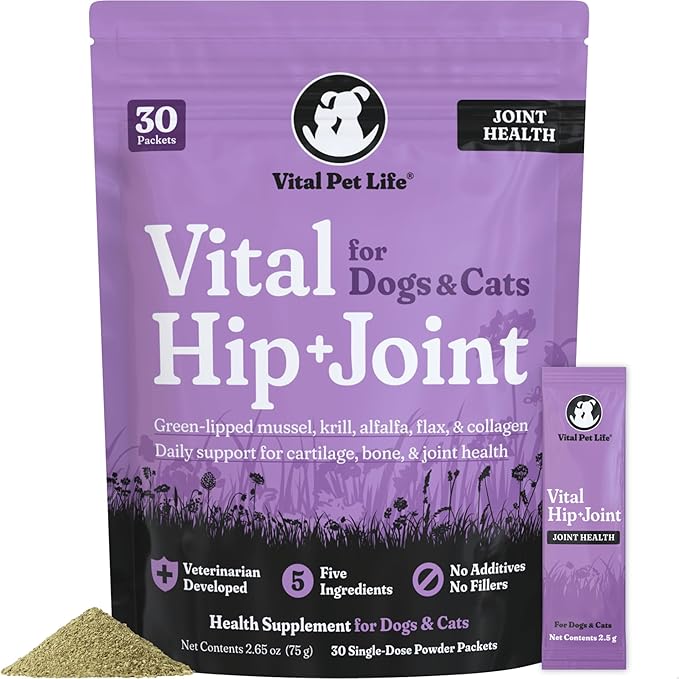 Vital Pet Life Green Lipped Mussel & Krill Powder, Hip & Joint Supplement for Dogs and Cats, Dog Joint Supplement, Mobility, Inflammation Defense, Collagen for Dogs, Veterinarian Developed, 30 packets