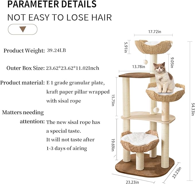 Big Modern Design Cat Tree Tower with White Cloud Mat, Unique Cat Supplies Tower with Scratching Post, Cute Wood Cat Tree Cat Furniture Activity Centre for Indoor Big Cats