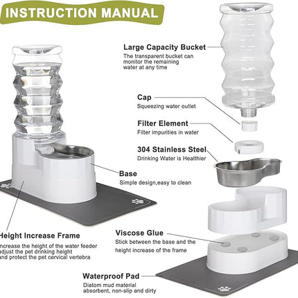 RIZZARI Large Water Dispenser for Dogs: 8L Gravity White Automatic Stainless Steel Waterer - 100% BPA Free - Raised Pet Feeder for Pet Dogs Indoor/Outdoor