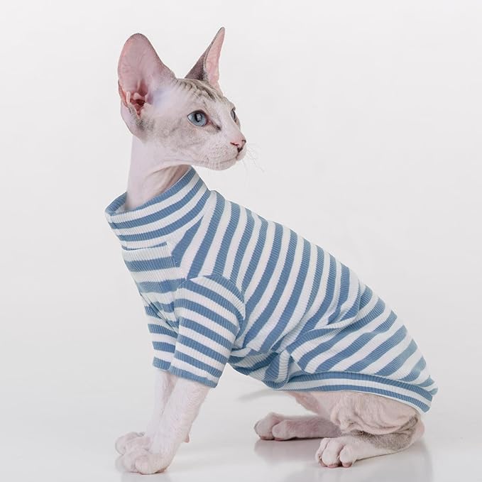 PUMYPOREITY Sphynx Cat Clothes - Soft Hairless Shirt With Sleeves, Stretchy Sweater, Pullover Pajamas Jumpsuit, Turtleneck Outfit for Sphynx Cornish Rex, Devon Rex - Blue, S