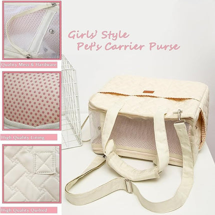 HSC PET Beige Small Dog Bag Woman,Cat Carrier Quilted Pet Soft Sided Leisure Pups Totes Traveling Go to Vet,Pet Function Handbag with 3 Pockets,12 lbs Puppy/15 lbs Cat or Kittens