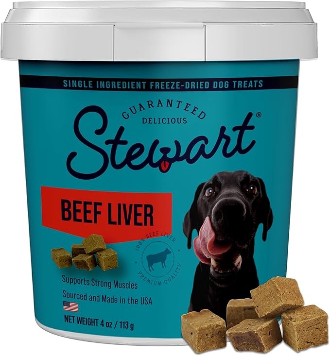 Stewart Single Ingredient Freeze Dried Raw Dog Treats, Beef Liver, 4 Ounce, Approx. 90 Pieces per Resealable Tub, Training Treats or Meal Topper, High Protein, Grain Free, Gluten Free