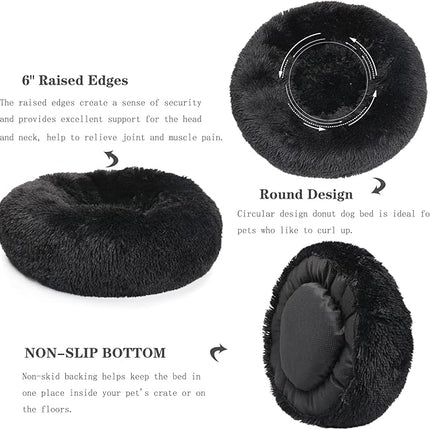 Black Dog Bed for Small Dogs Washble Calming 23 Inch Fluffy Plush Black Dog Bed Round Donut Machine Washable Small Pet Bed