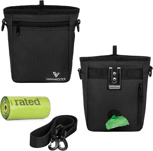 Dog Treat Pouch with Magnetic Closure Treat Bag for Dog Training Dog Food Bag Dog Walking Bag Dog Fanny Pack with Dog Poop Bag Dispenser Pet Treat Pouch with Shoulder Strap (Black)