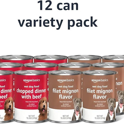 Amazon Basics Chopped Ground Dinner Wet Dog Food Variety Pack, Filet Mignon Flavor and with Beef, Made with Natural Ingredients, 13.2oz Cans (Pack of 12)