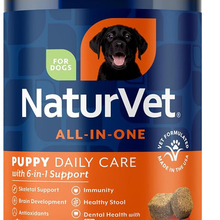 NaturVet All-In-One Puppy Daily Care, 6-In-1 Support Dog Soft Chews to Help Bones, Joints, Digestion, Teeth, Cognition, and More, Hickory Smoked Bacon Flavored Pet Supplement for Puppies, 60 Count Jar