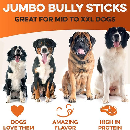 BRUTUS & BARNABY Bully Sticks for Dogs, Jumbo – Low-to-No Odor, Grass-Fed, Rawhide-Free Chews for Aggressive Power Chewers