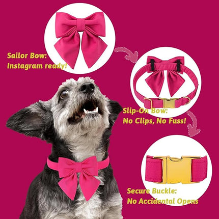 Maca Bates Hot Pink Dog Collar with Cute Rose Red Solid Sailor Bow Tie,Medium Girl Boy Dogs,Girly Adjustbale Durable Breakaway Soft Collars with Bowtie for Female Male Puppy,Pet with Metal Buckle