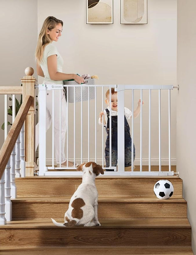 COMOMY 30" Tall Baby Gate for Stairs Doorways, Fits Openings 29.5" to 46" Wide, Auto Close Extra Wide Dog Gate for House, Pressure Mounted Easy Walk Through Pet Gate with Door, White