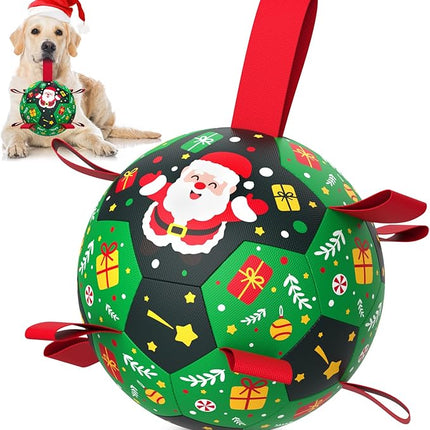 QDAN Christmas Dog Toys: Soccer Ball with Straps for Outdoor Play, Tug of War- Dog Birthday Gift, 8 Inch Balls for Medium & Large Dogs