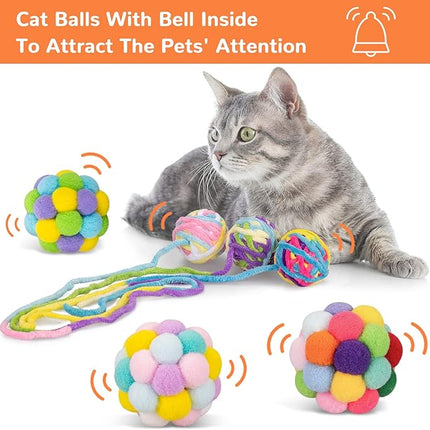 Retro Shaw Cat Toys Balls, 6Pcs Woolen Yarn Cat Ball Toy with Bell Inside, Interactive Kitten Toys for Indoor Cats Kitty, Chew Toys Jingle Pompom Ball with String