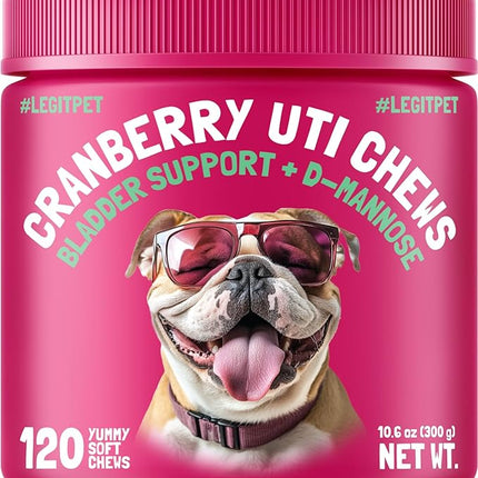 Cranberry UTI Chews for Dogs Bladder Support + D-Mannose Supports Kidney Urinary Tract and Bladder Health Natural Cranberry Wellness Supplement Immune System Booster Natural Pet Antioxidant 120 Chews