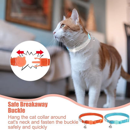 EXPAWLORER Soft Velvet Safe Cat Collars for Girl Cats -2 Pack Rhinestones Bling Diamante Adjustable Collars Breakaway- Chirstmas Cat Clollar Gifts with Bells for Boy Cats Kitty and Small Dogs