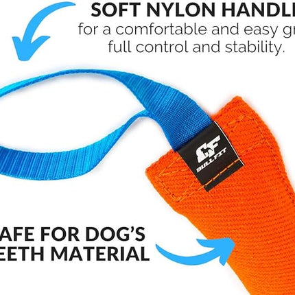 Bull Fit K9 Dog Bite Tug Toy with 2 Strong Handles - Made of Durable & Tear-Resistant French Linen - Perfect for Tug of War, Fetch & Puppy Training - Ideal for Medium to Large Breeds