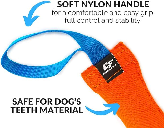 Bull Fit K9 Dog Bite Tug Toy with 2 Strong Handles - Made of Durable & Tear-Resistant French Linen - Perfect for Tug of War, Fetch & Puppy Training - Ideal for Medium to Large Breeds