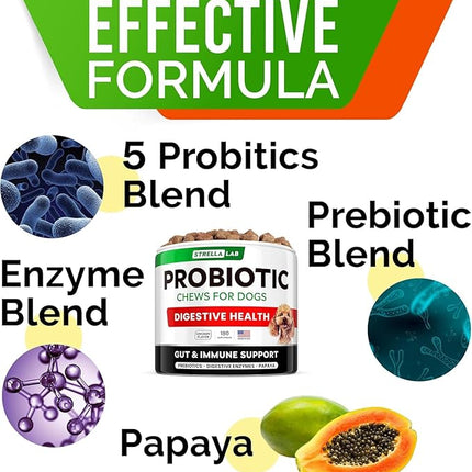 STRELLALAB Dog Probiotics Chews + Enzymes Gut Health Support - Anti Gas, Diarrhea and Upset Stomach Immune Supplement - Digestion Treats with Fiber (180Ct, Chicken)