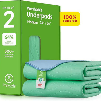 IMPROVIA® Washable Underpads, 34" x 36" (Pack of 2) - Heavy Absorbency Reusable Bedwetting Incontinence Pads for Kids, Adults, Elderly, and Pets - Waterproof Protective Pad for Bed, Couch, Sofa, Floor