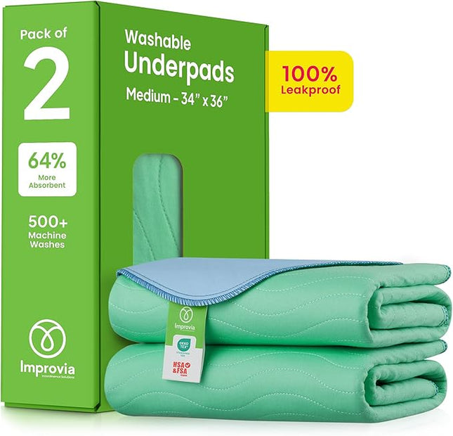 IMPROVIA® Washable Underpads, 34" x 36" (Pack of 2) - Heavy Absorbency Reusable Bedwetting Incontinence Pads for Kids, Adults, Elderly, and Pets - Waterproof Protective Pad for Bed, Couch, Sofa, Floor