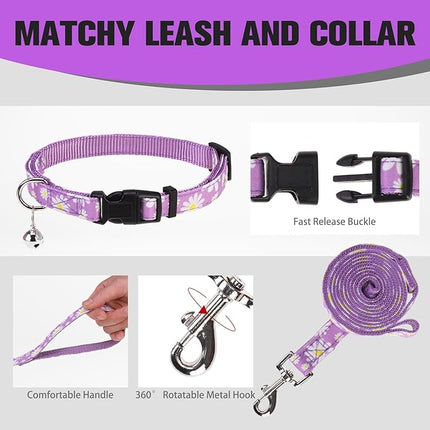 EXPAWLORER Small Dog Harness and Leash Set - Cute Spring Puppy Harness Leash Dog Collar with AirTag Holder Silicone Case, Soft Padded Step in Pet Vest Reflective for Outdoor Walking, Purple Daisy S