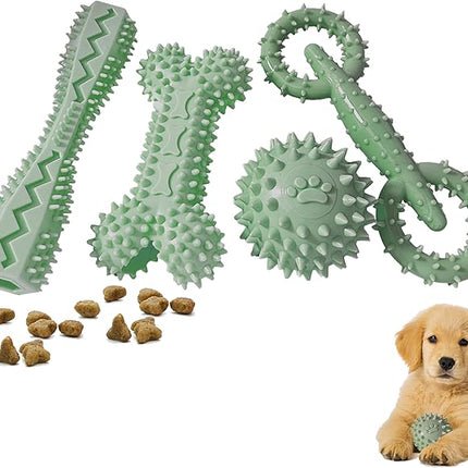 4 Pack Puppy Toys for 2-8 Months Pets Dog Chew Toy for Small Puppies Teething Toys for Cleaning Teeth Food Dispensing Soft Durable Rubber Bone Funny Ball Interactive Donut Treat Dumbbell (Green)