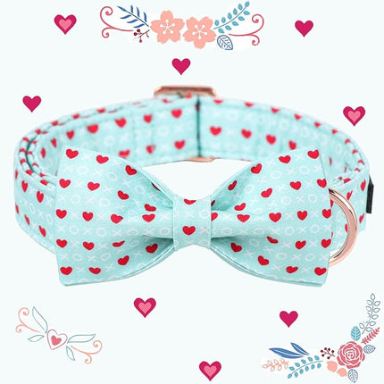 Maca Bates Valentine's Day Dog Collar with Fancy Bow for Small Girl Boy Dogs,Blue Red Love Hearts Pattern,Adjustable Durable Soft Valentine Gift for Female Male Puppy