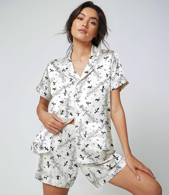 Women’s Silk Satin Pajama Set, Short Sleeve Button Down 2 Piece PJs with Shorts, Cozy Loungewear & Matching Holiday Pajamas