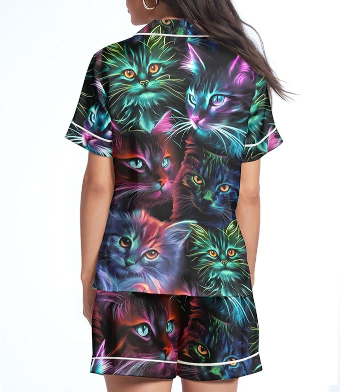 Women’s Silk Satin Pajama Set, Short Sleeve Button Down 2 Piece PJs with Shorts, Cozy Loungewear & Matching Holiday Pajamas