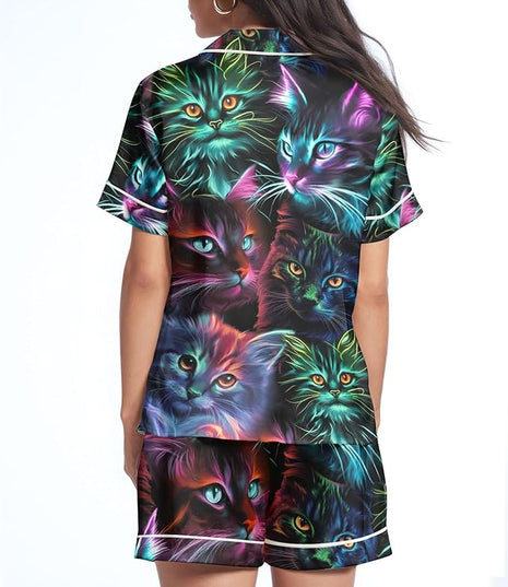 Women’s Silk Satin Pajama Set, Short Sleeve Button Down 2 Piece PJs with Shorts, Cozy Loungewear & Matching Holiday Pajamas