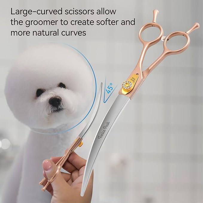 Fenice Peak 45° Extra Curved Dog Grooming Scissors 440C Stainless Steel 7.5'' Big Arc Curved Shears Rose Gold Sharp and Durable Trimming Scissors for Dogs and Cats