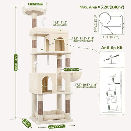 Globlazer Heavy Duty Cat Trees for Large Cats, Sturdy 72in Maine Coon Cat Tree for Large Cat 20 lbs+ Heavy Duty Cat Tower for Adult Biggest Cats with 6 Scratching Posts, Hammock, S72, Beige