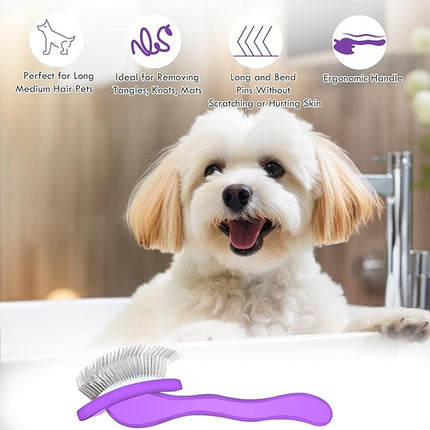 Long Pin Dog Slicker Brush for Long Haired Dogs, Removes Loose Hair, Tangles and Knots, Professional Pet Grooming Kit, Purple
