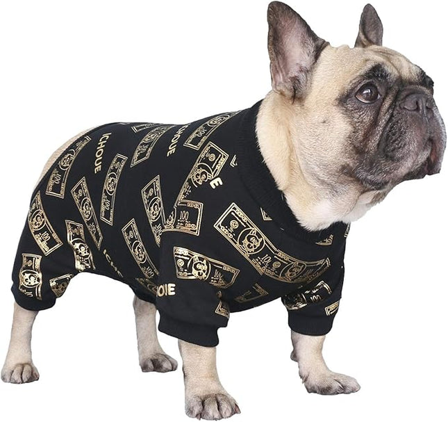 iChoue English Bulldog Pajamas Onesie Suit PJS Bodysuits for Medium Dogs Large French Frenchie Pug Pitbull Boston Terrier - Black Money, XL