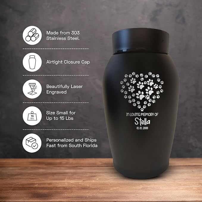 Personalized Custom Small Keepsake Urn Engraved with Pet Name, Date, and Dog Design - 5.2" Black Powder Coated Steel Cremation Urn for Dogs Ashes | 12-16 lb Capacity, Paw Print Heart