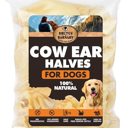 BRUTUS & BARNABY Cow Ears for Dogs – Halves 12 ct, Thick Cut, Grass-Fed Angus Beef, All-Natural No-Rawhide Dog Treat Alternative