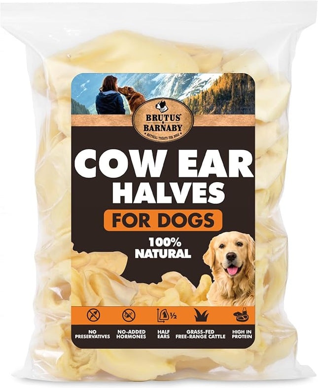 BRUTUS & BARNABY Cow Ears for Dogs – Halves 12 ct, Thick Cut, Grass-Fed Angus Beef, All-Natural No-Rawhide Dog Treat Alternative