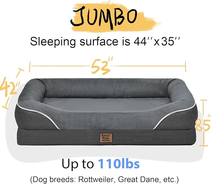Washable Orthopedic Large Dog Bed - Removable Orthopedic Dog Beds XL with Bolster for Extra Large Dogs with Washable Cover and Non-Slip Bottom