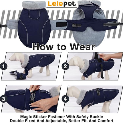 Lelepet Warm Dog Coat Waterproof Dog Jacket for Extra Large Dogs Reflective Fleece Vest with Adjustable Buckle Hook & Loop Windproof Cold Weather Coats for Small Medium Large Dogs, Navy Blue, XXXL