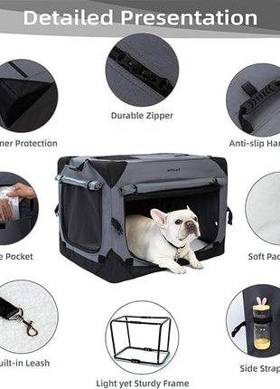 Pettycare 36 Inch Collapsible Dog Crate with Curtains Travel Dog Crate for Airflow and Calm Soft Pet Kennel with Portable Bag and More Chew Proof Mesh Indoor & Outdoor Grey 4 Door Curtains