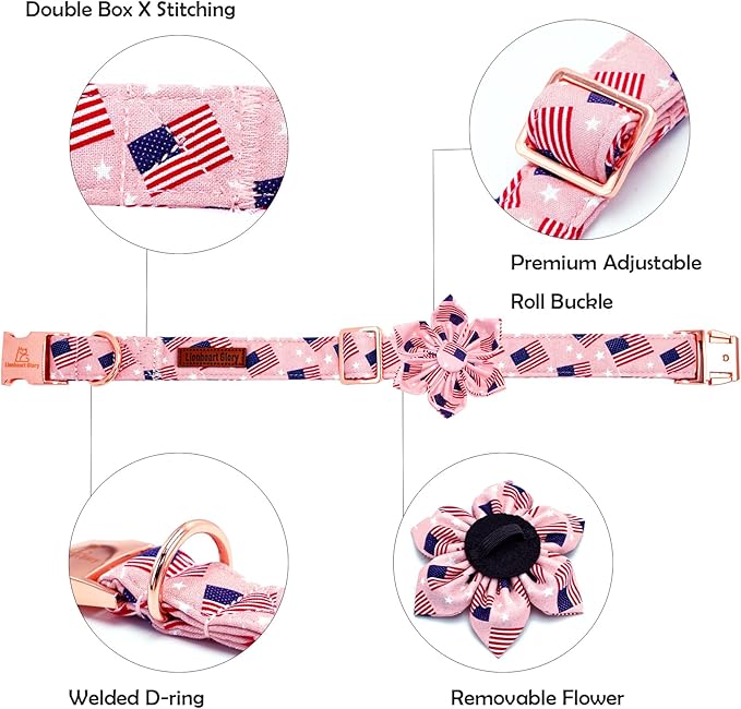 Lionheart glory American Flag Dog Collar 4 of July Dog Collars with Flower Independence Patriotic Dog Flower Collars Heavy Duty Adjustable Collar Flower for Small Dogs Pet Gift