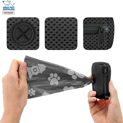 Best Pet Supplies Dog Poop Bag Holder Leash Attachment with 15 Bags, Black, Reusable Mesh Dispenser Pouch for Travel, Walking, Park, and Outdoor Use, Soft and Durable with Clip-On