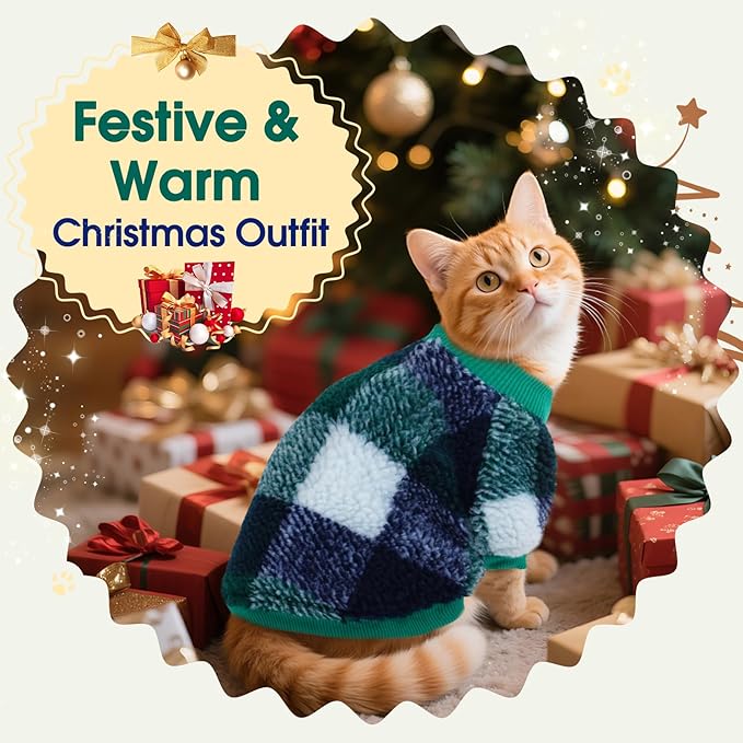 DENTRUN Cat Sweater Winter Clothes - Plush Fleece Coat with Cotton Lining, Anti-Static, Front Legs Kitten Pajamas, Stretch Ribbed Cuffs for Warmth, Cozy Christmas Outfit for Small Medium Large Cats