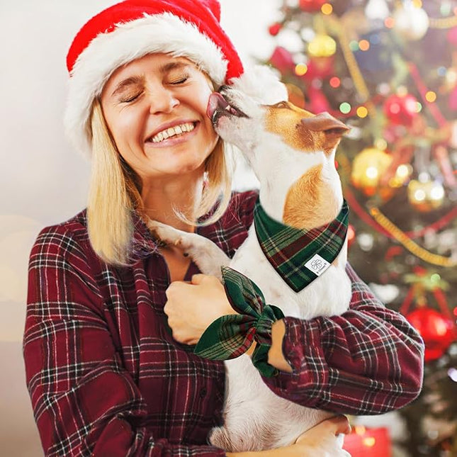 E-Clover Christmas Dog Bandana & Matching Scrunchie Green Red Plaid Pet Dog Scarf Cute Dogs Costumes Accessories for Small Medium Large Dogs